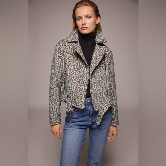 Zara Womens Wool Animal Print Asymmetrical Zip Belted Cropped Moto Jacket Size S - Picture 1 of 14